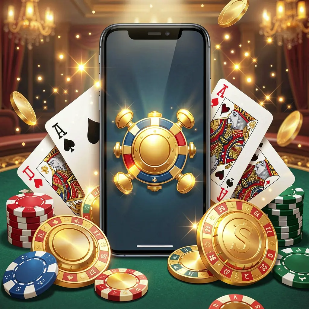 Conceito de aplicação móvel de jogos 78D mostrando um smartphone rodeado por cartas de jogar, fichas de roleta, moedas de ouro e luzes cintilantes num estilo de casino premium