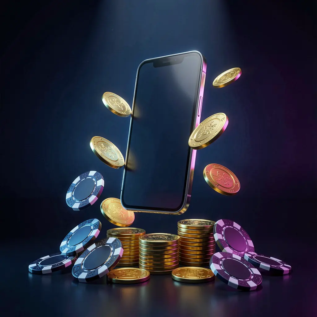Banner promocional da aplicação de casino online 78D com um telemóvel a flutuar sobre moedas douradas e fichas de póquer, com fundo azul-escuro e preto e brilho néon cinematográfico numa renderização 3D realista