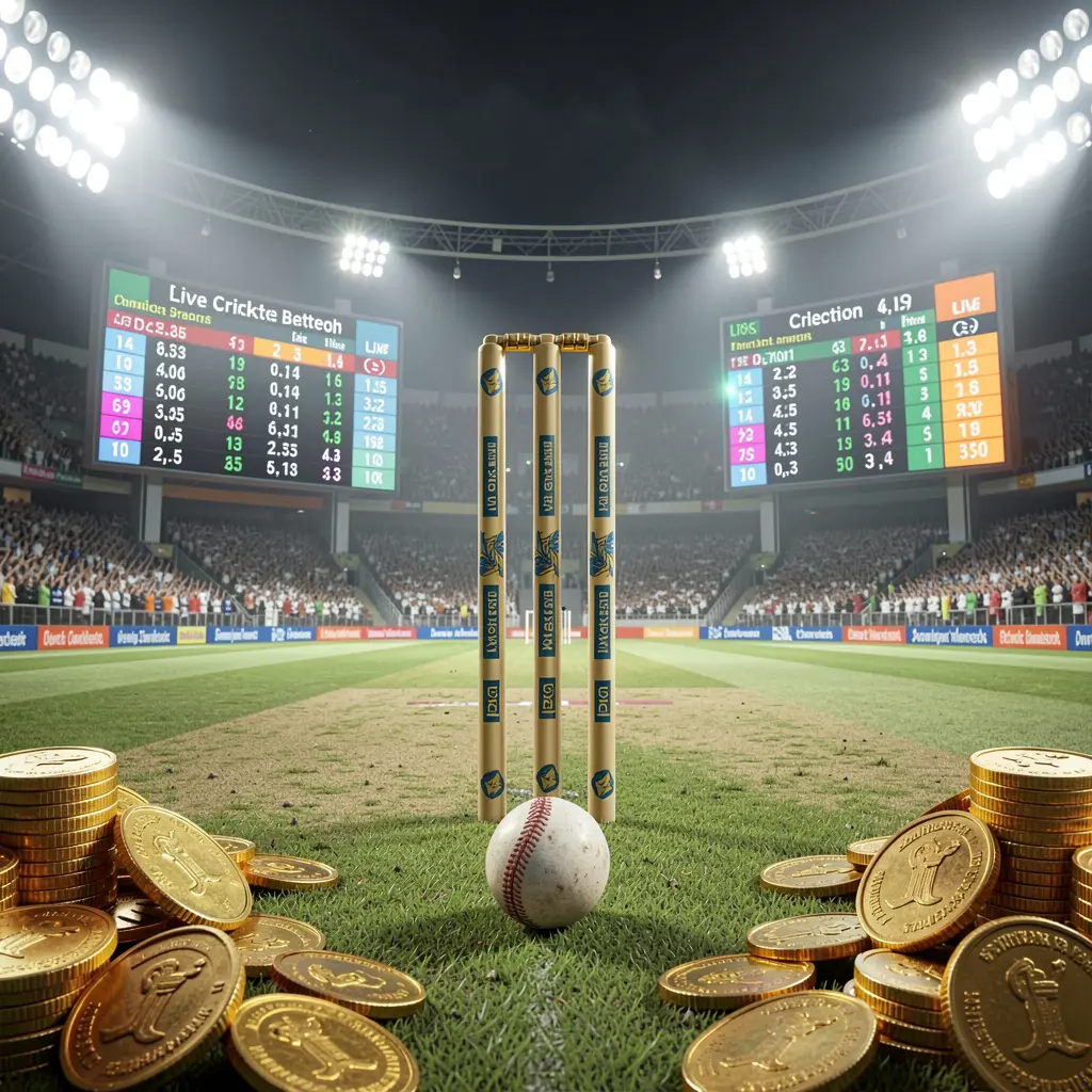 Cena de apostas ao vivo em críquete da 78D com um campo de críquete sob luzes intensas de estádio, wickets, bola, moedas douradas e painéis de probabilidades brilhantes numa renderização realista cinematográfica