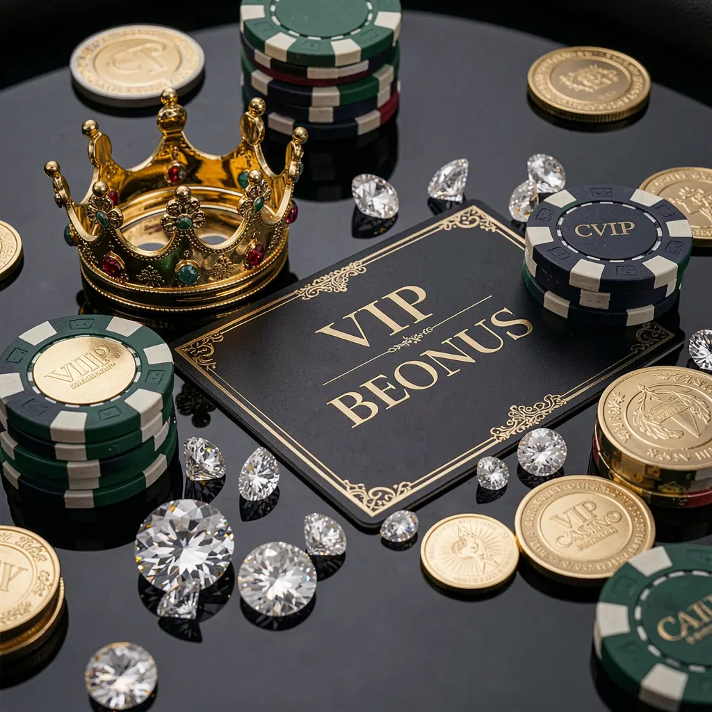 Conceito de bónus VIP de casino 78D com uma coroa dourada, cartão de membro de luxo, fichas de póquer, diamantes e moedas dispostos sobre uma mesa preta brilhante num estilo elegante e premium