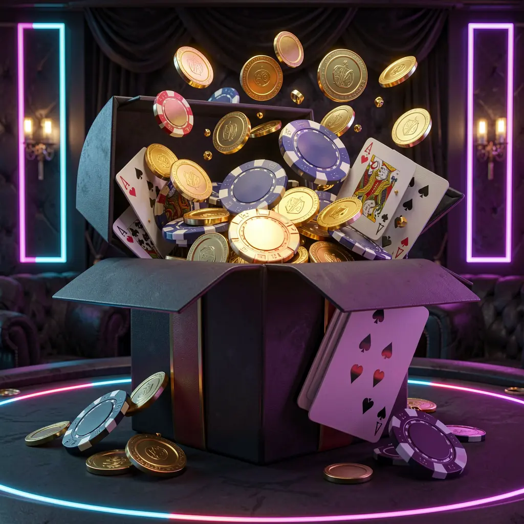 Caixa de presente de bónus do casino online 78D a explodir com moedas douradas, fichas de póquer e cartas de jogar contra um fundo luxuoso escuro com detalhes néon brilhantes