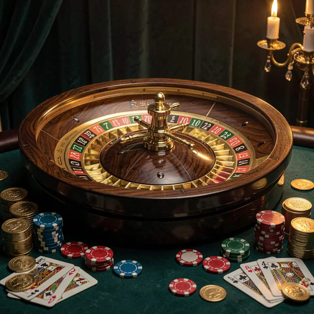 Cena clássica de casino 78D com uma roda de roleta a girar, fichas espalhadas, cartas de jogar e moedas sobre uma mesa escura elegante com iluminação cinematográfica