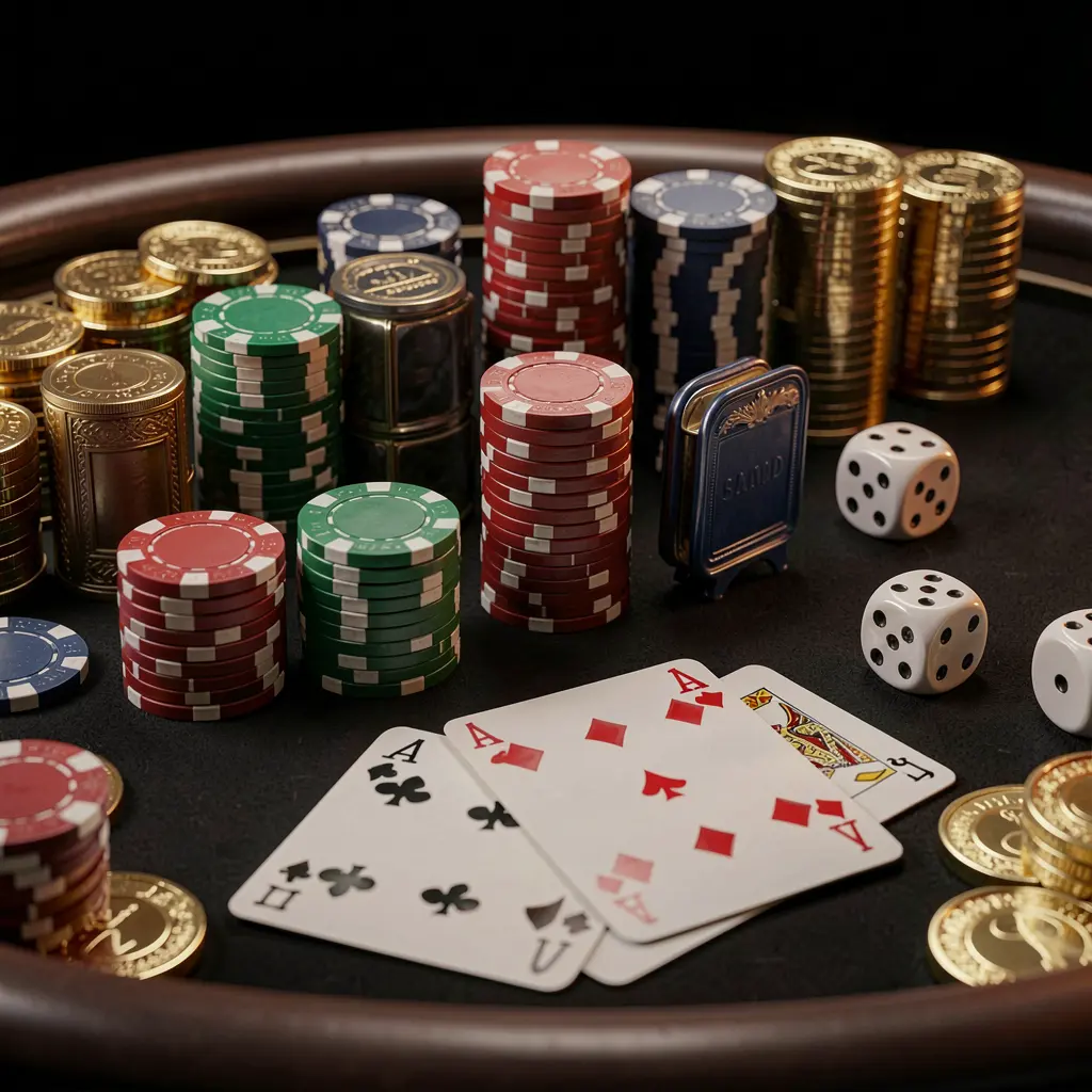 Primeiro plano de uma mesa de casino elegante com fichas de póquer, cartas de jogar, dados e moedas de ouro, com iluminação cinematográfica suave sobre um fundo preto luxuoso, apresentando o estilo de renderização 3D realista da marca 78D