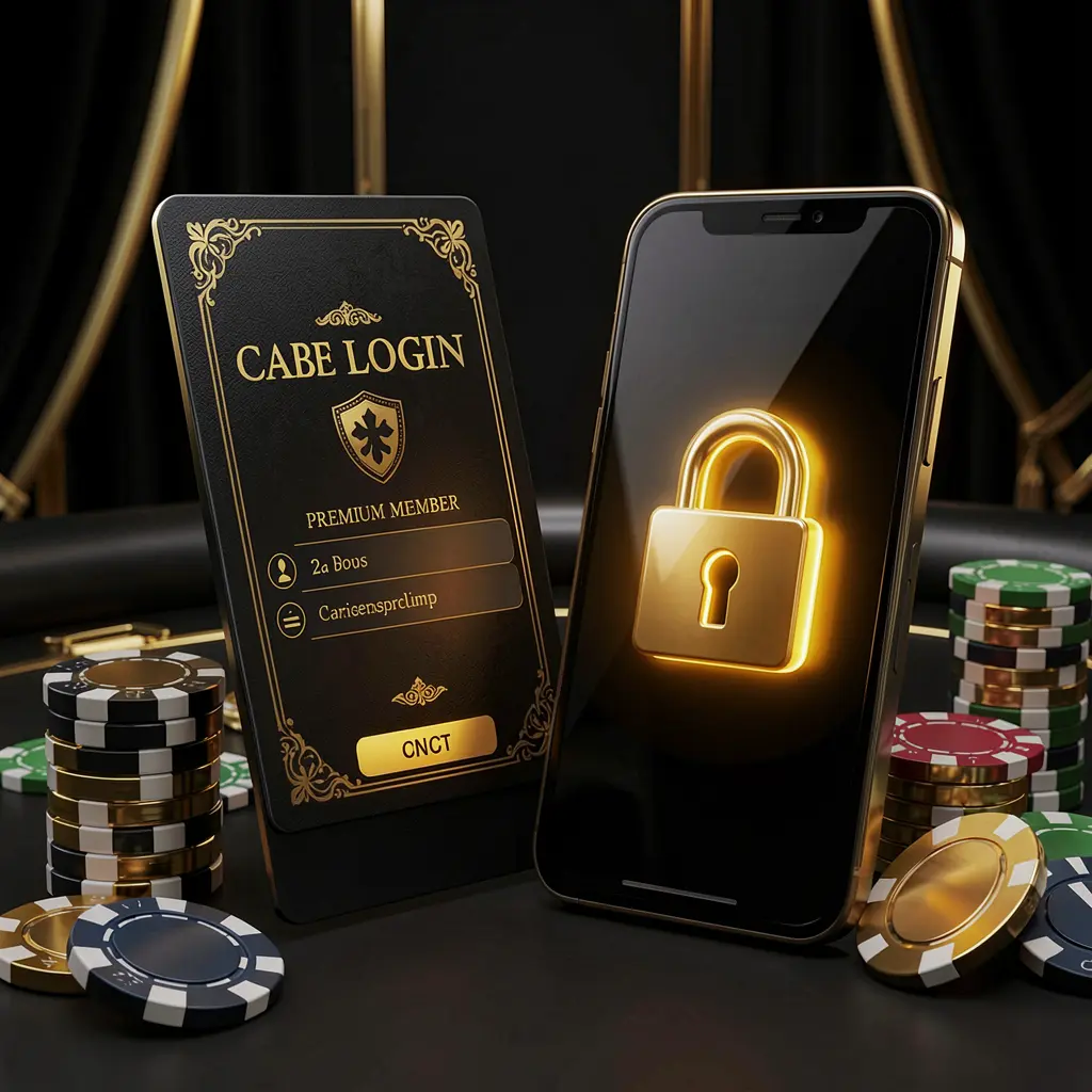 Conceito de início de sessão de membro do casino 78D com cartão de membro premium ao lado de um smartphone, símbolo de cadeado brilhante, fichas de póquer e moedas sobre fundo luxuoso preto e dourado