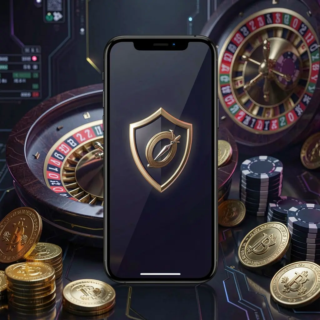 Acesso seguro ao casino móvel no ecrã do telemóvel com ícone de escudo, roda de roleta, fichas de póquer e moedas douradas numa atmosfera luxuosa cibernética escura com a marca 78D