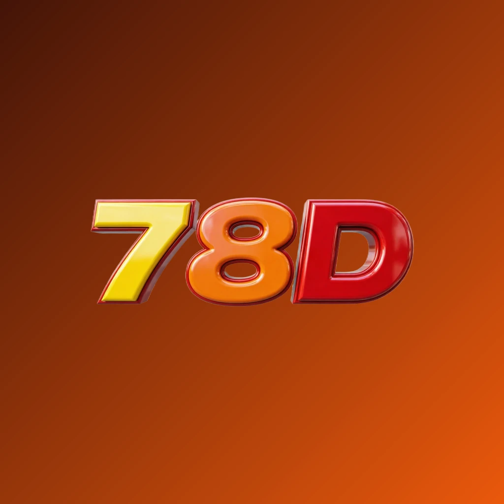 Logótipo vibrante da 78D com tipografia pesada e arrojada em vermelho vivo, amarelo e laranja, com efeito 3D brilhante, concebido como uma marca nominativa retangular horizontal moderna e energética sobre fundo transparente