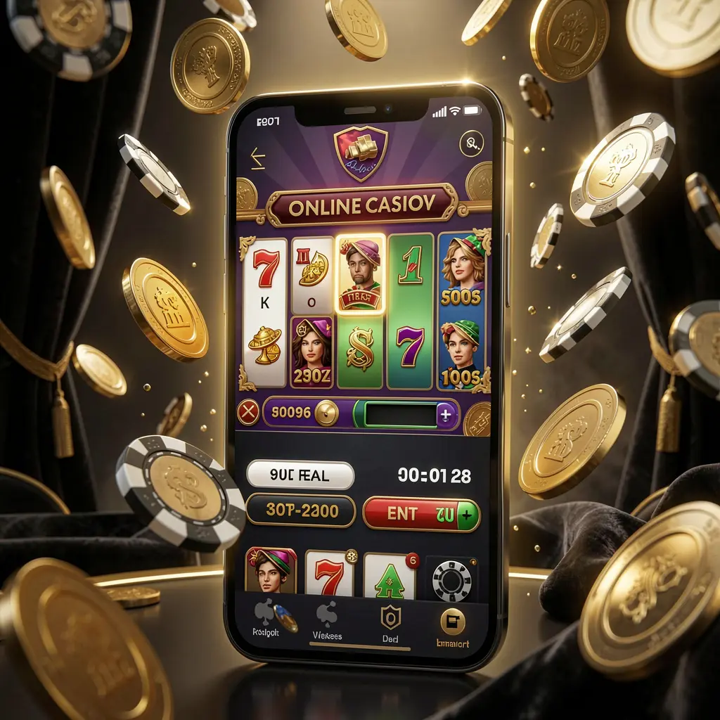 Visual da página principal do casino online moderno 78D com smartphone a exibir uma interface de jogo brilhante, moedas e fichas a voar num ambiente luxuoso preto e dourado, ilustração 3D realista